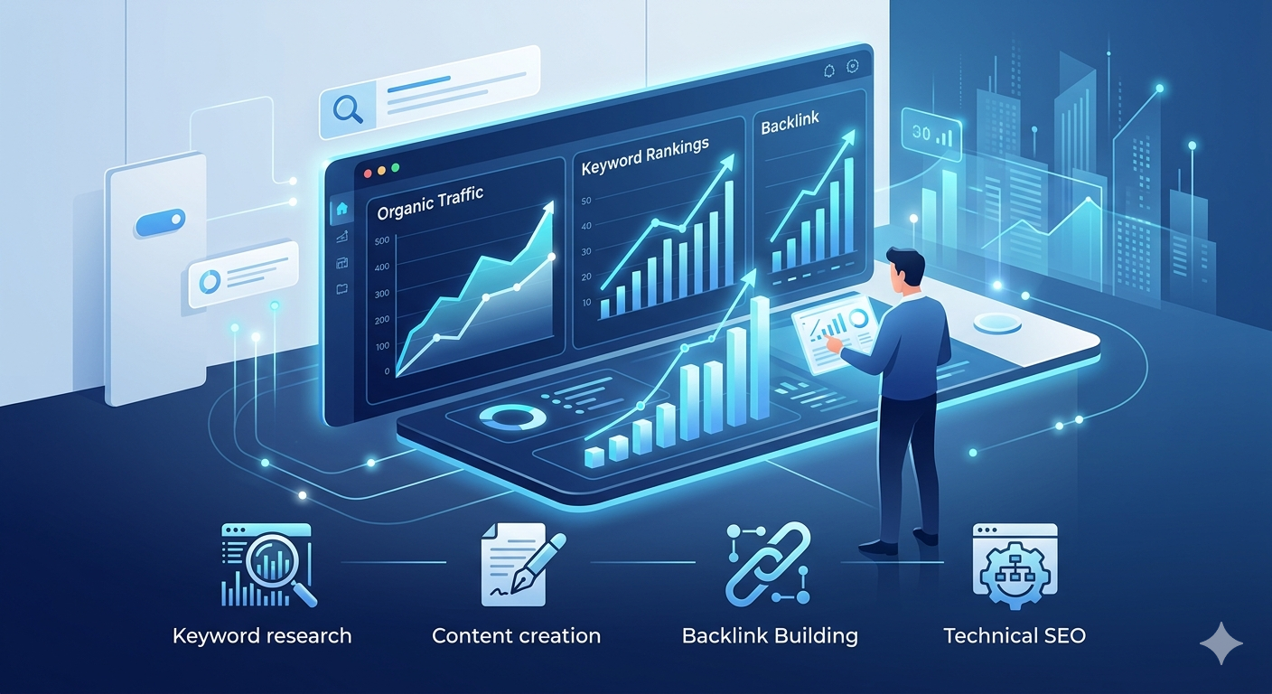 Our SEO Services — Keyword Research, Content, Backlinks, Technical SEO